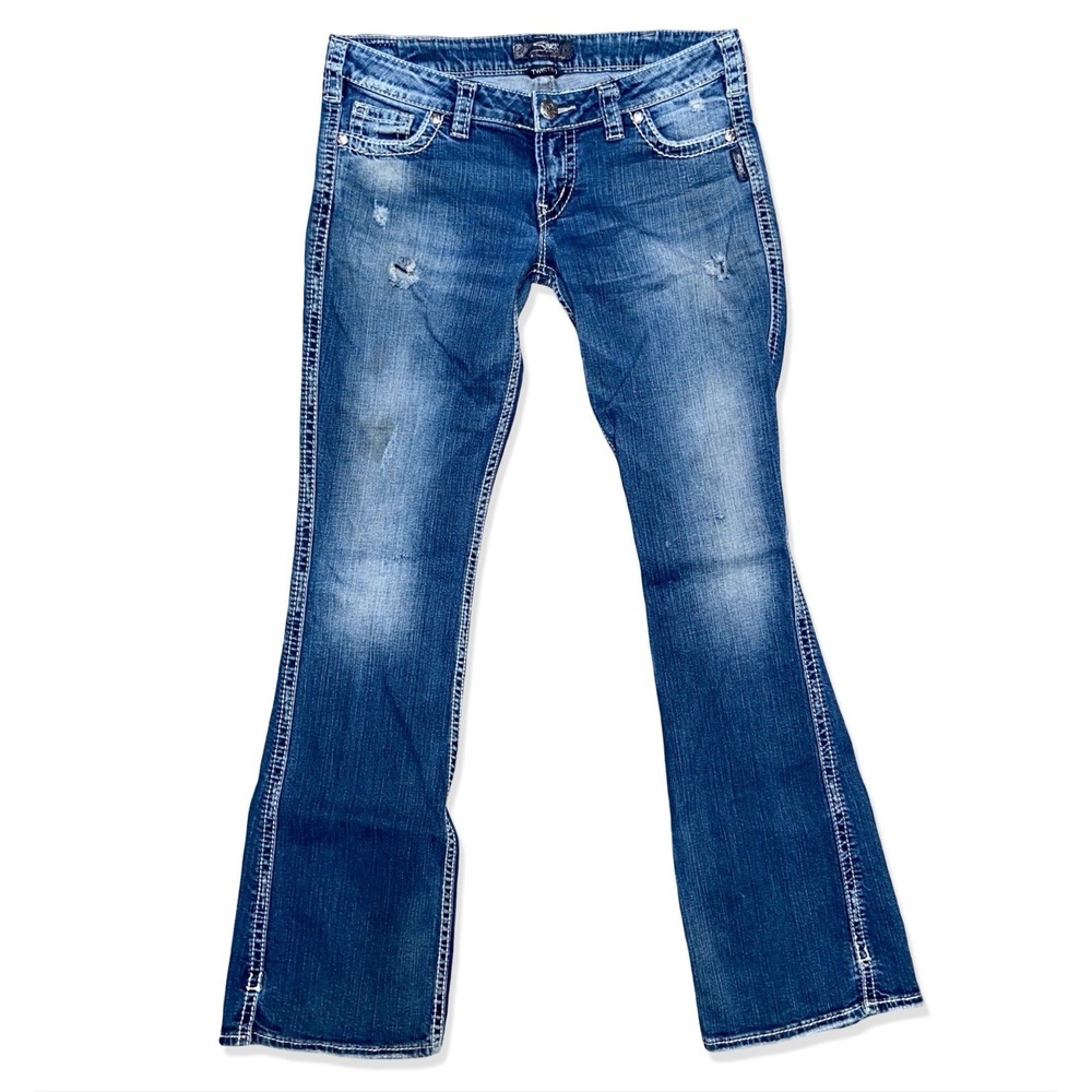 VTG Silver Jeans Co. Twisted Flare Leg Jeans Womens 30x35 Distressed Blue